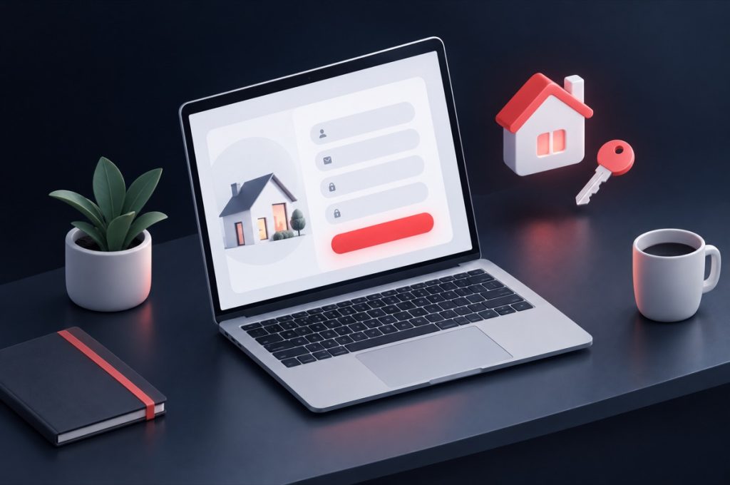 Illustration: laptop showing a sign-up form beside a small house and key