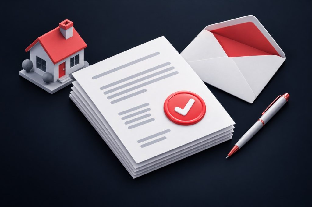 Illustration: stack of MLS approval documents with a red checkmark seal, envelope and pen
