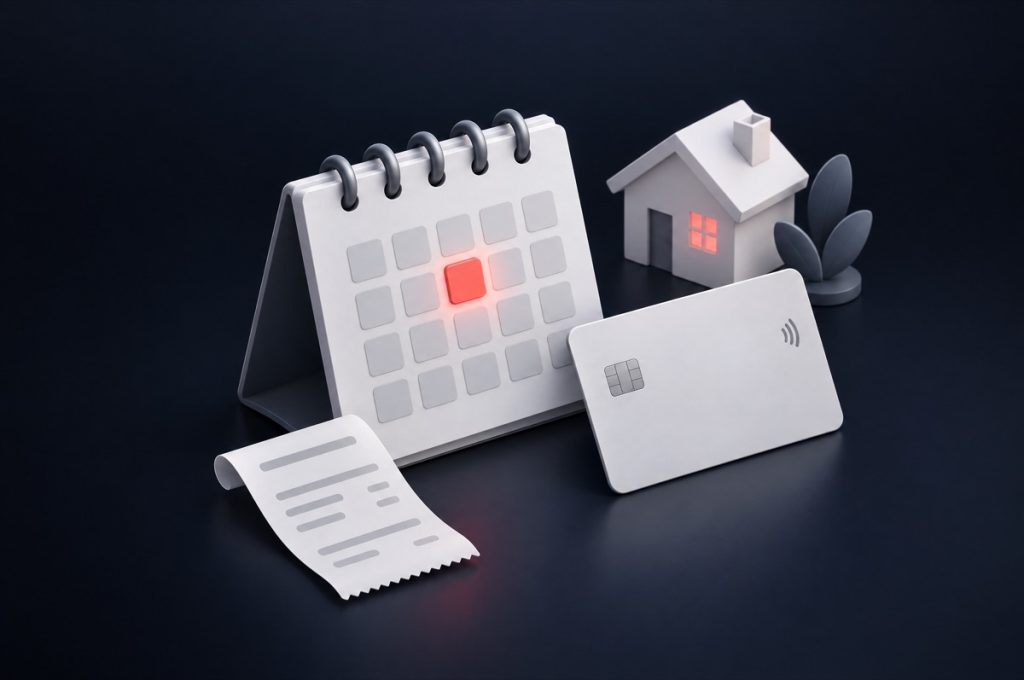 Illustration: desk calendar with one highlighted day, a payment card and a receipt