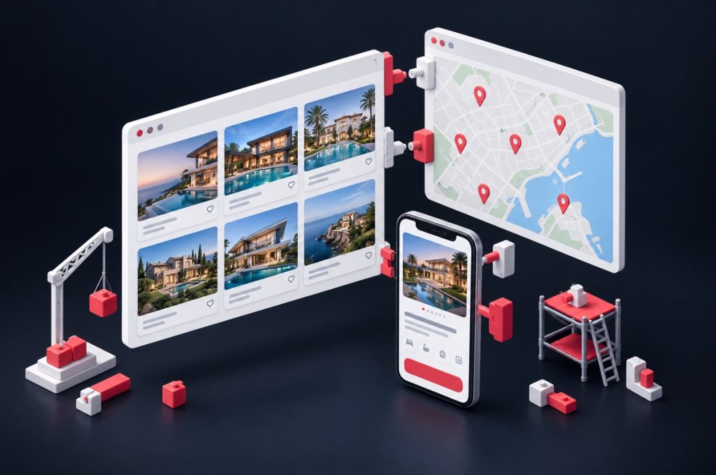 Illustration: browser panels with home listings, a map with pins and a phone being assembled into a website