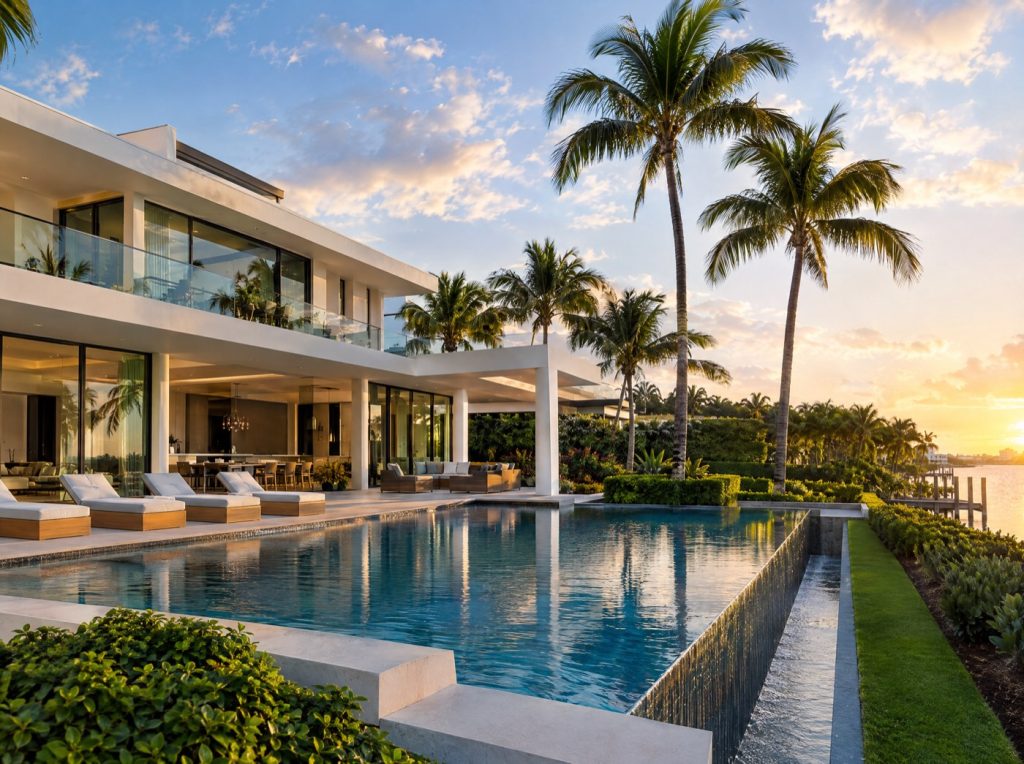 Contemporary South Florida home with an infinity pool and palms