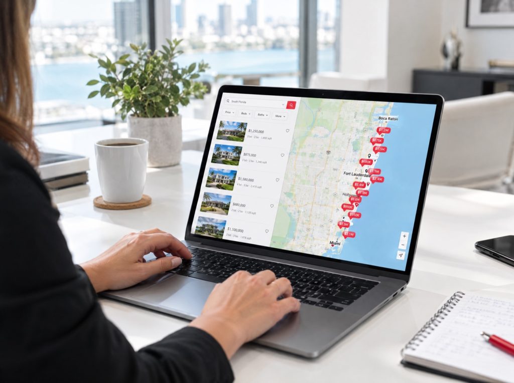 Agent using an interactive South Florida map search on a laptop