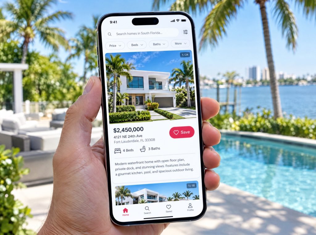 Listing search app on a phone beside a South Florida pool